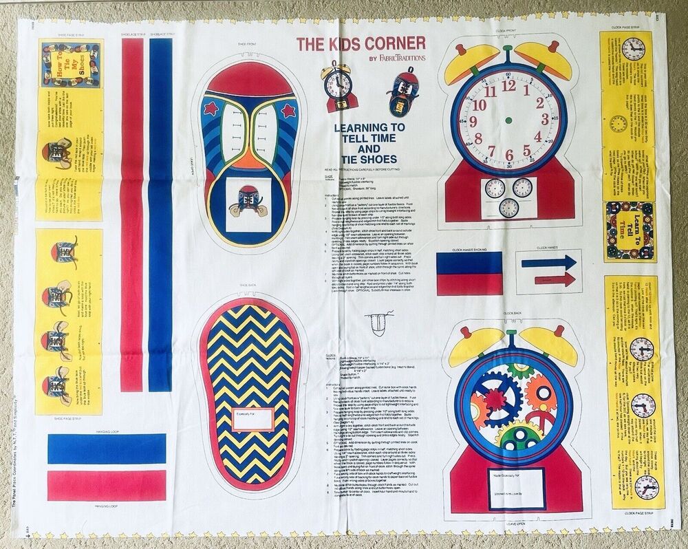 Vtg Cut & Sew Craft Panel Learn to Tell Time & Tie Shoes Teacher Clock